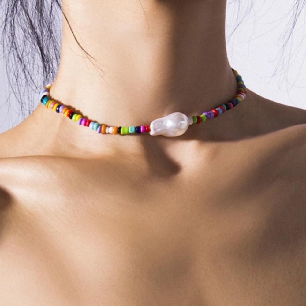 Big Baroque Imitation Pearl Colorful Bead Rainbow Choker - Picture 3 of 6